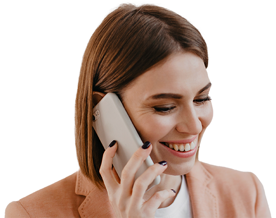 Smiling woman talking on the phone, representing customer service support